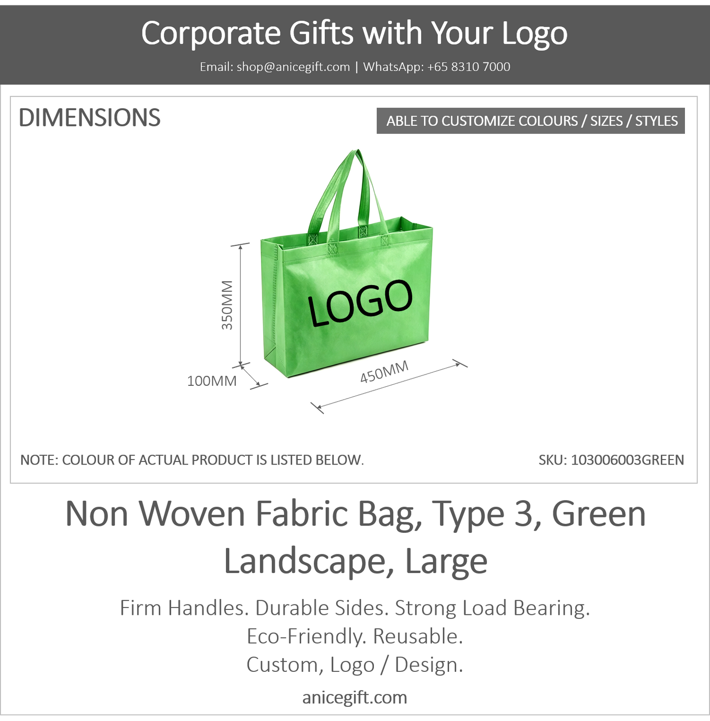 Non Woven Fabric Bag, Type 3, Green | Landscape, Large