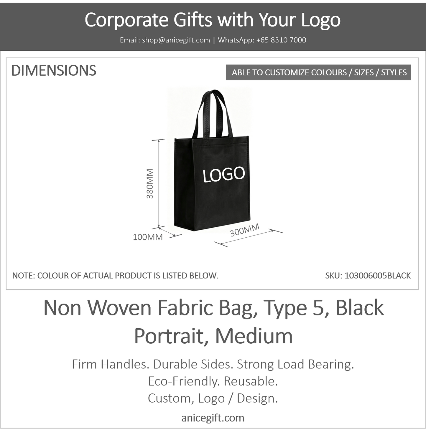 Non Woven Fabric Bag, Type 5, Black | Portrait, Medium