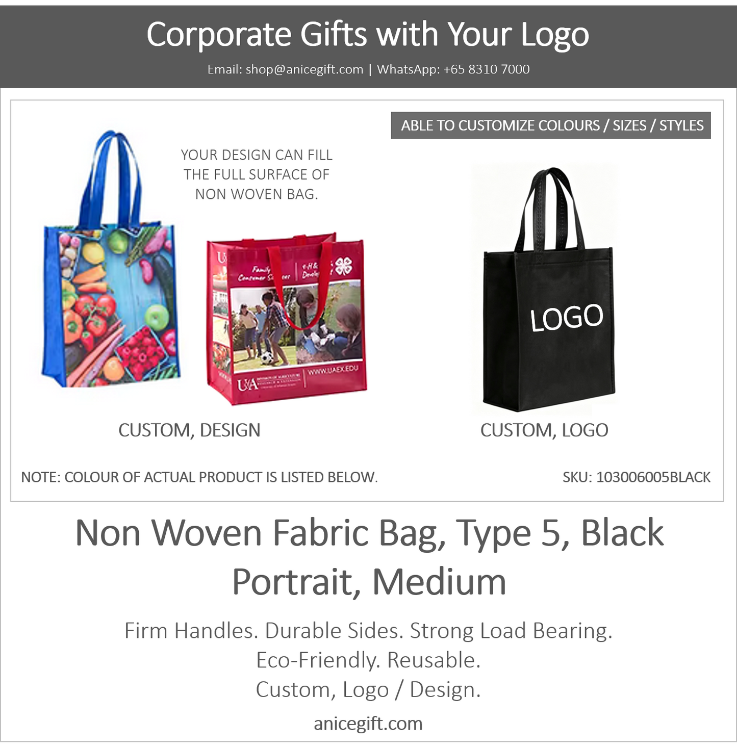 Non Woven Fabric Bag, Type 5, Black | Portrait, Medium