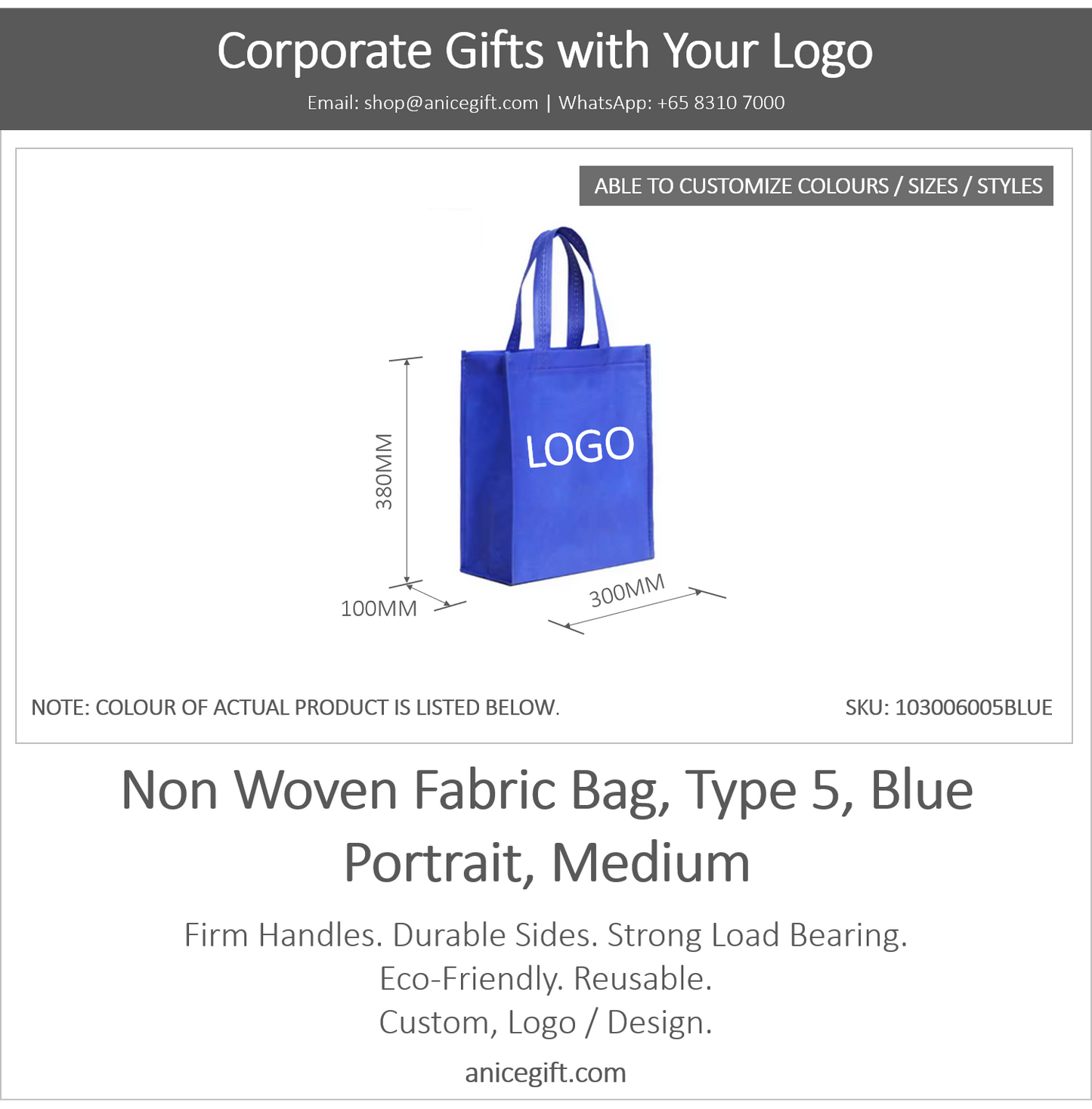 Non Woven Fabric Bag, Type 5, Blue | Portrait, Medium