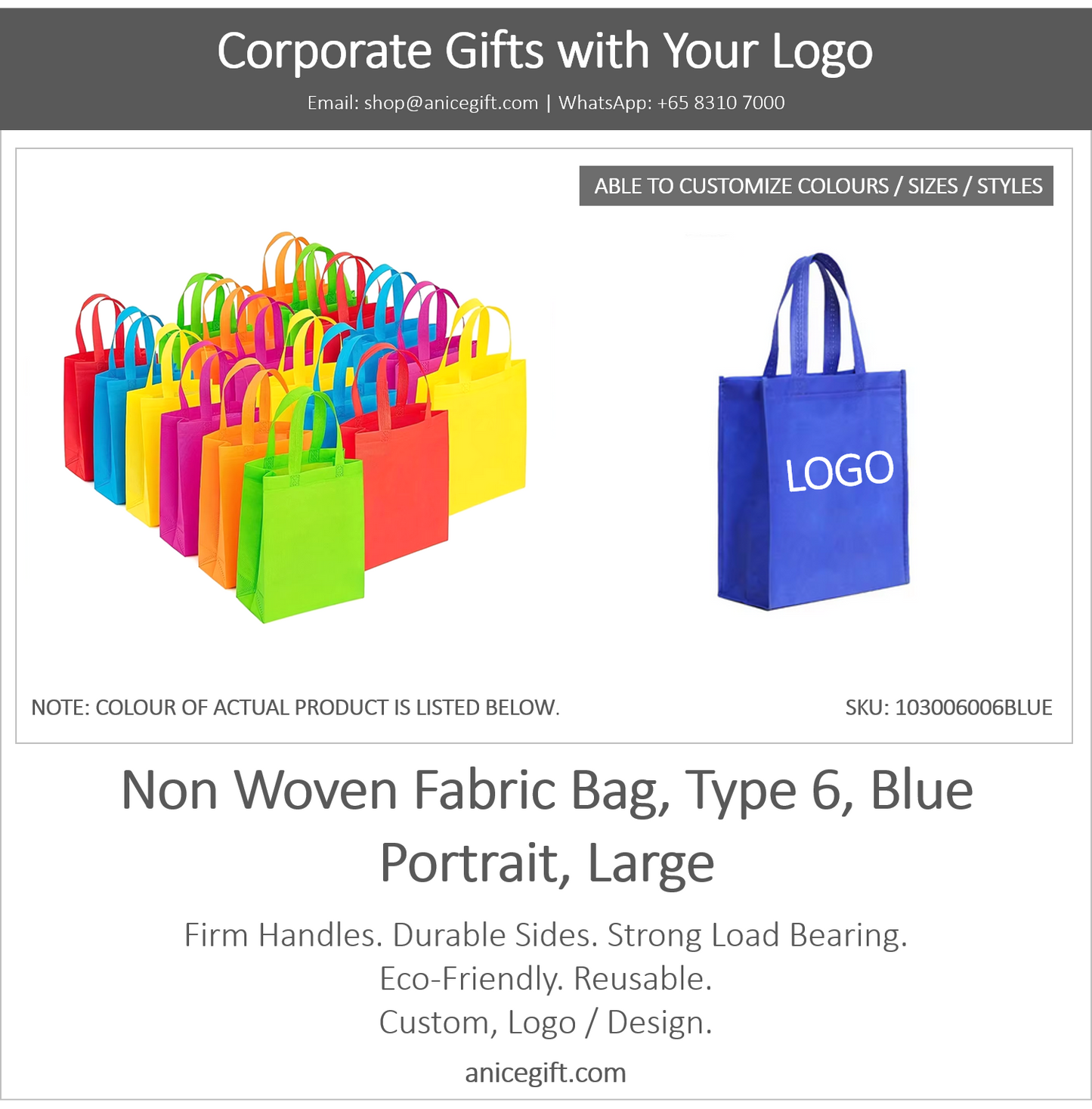 Non Woven Fabric Bag, Type 6, Blue | Portrait, Large