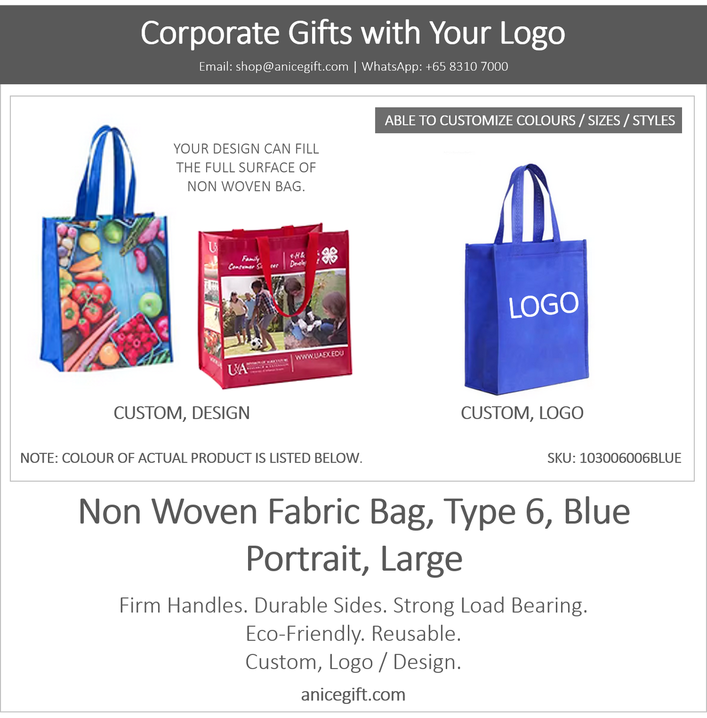 Non Woven Fabric Bag, Type 6, Blue | Portrait, Large