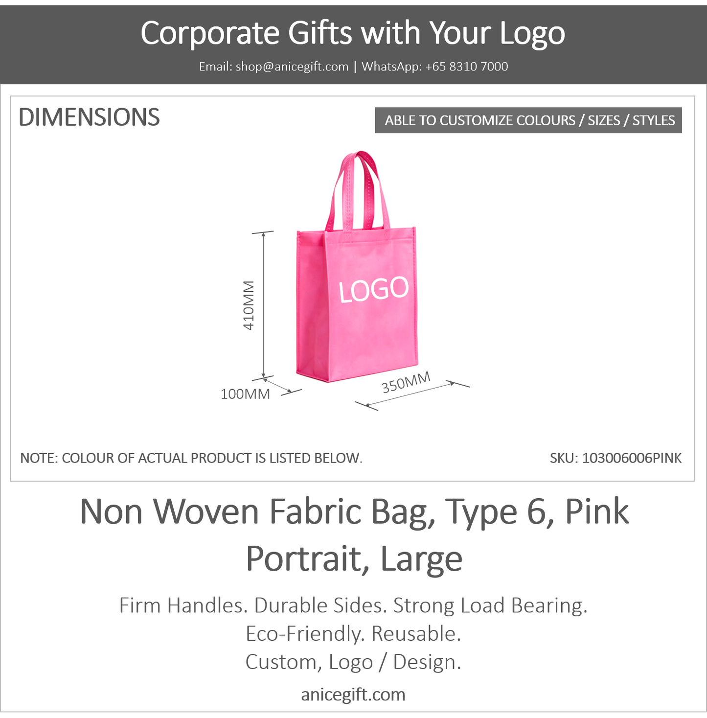 Non Woven Fabric Bag, Type 6, Pink | Portrait, Large
