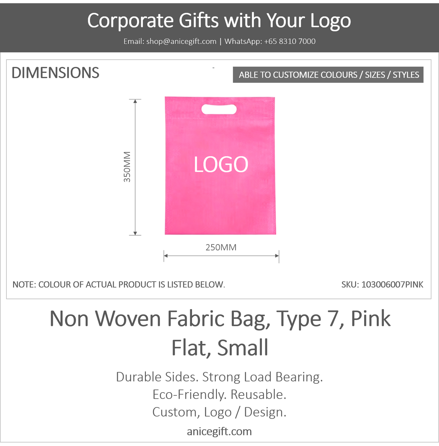 Non Woven Fabric Bag, Type 7, Pink | Flat, Small