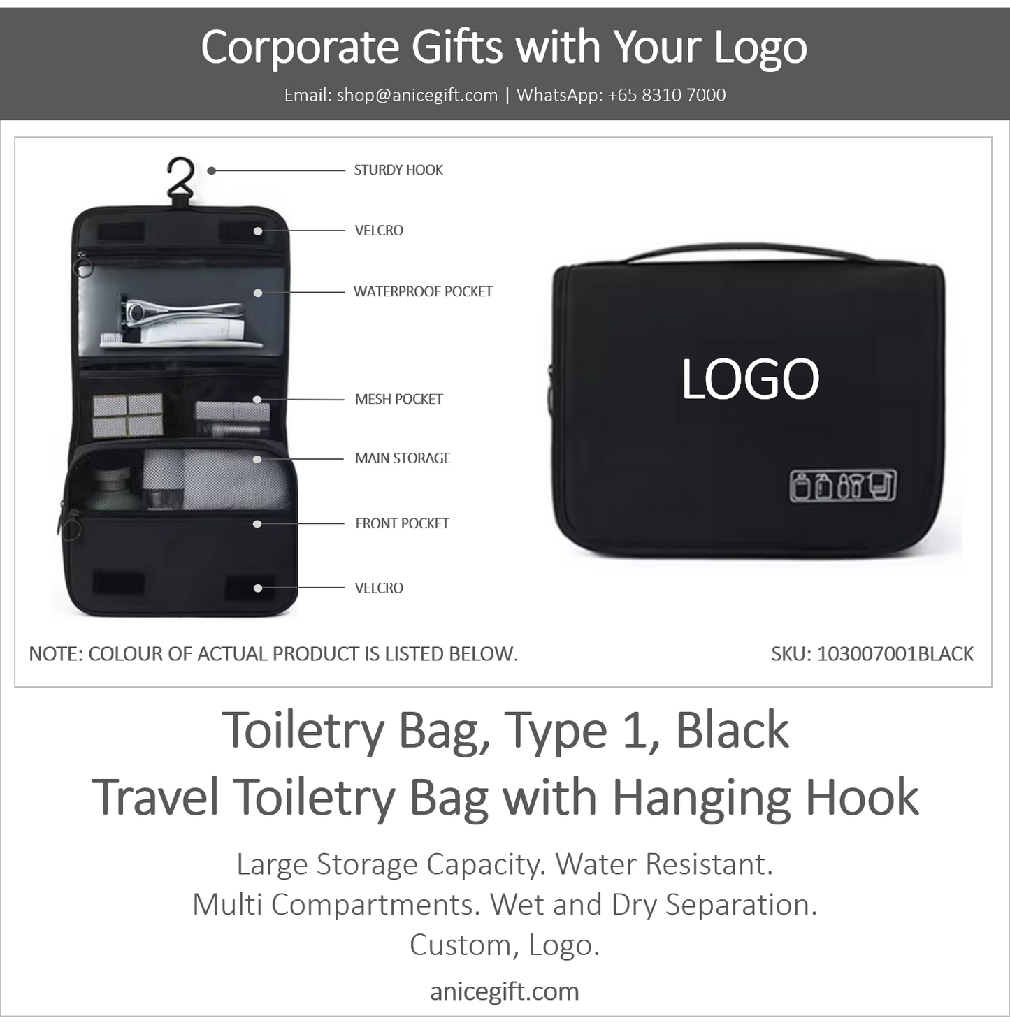 Toiletry Bag, Type 1, Black | Travel Toiletry Bag with Hanging Hook