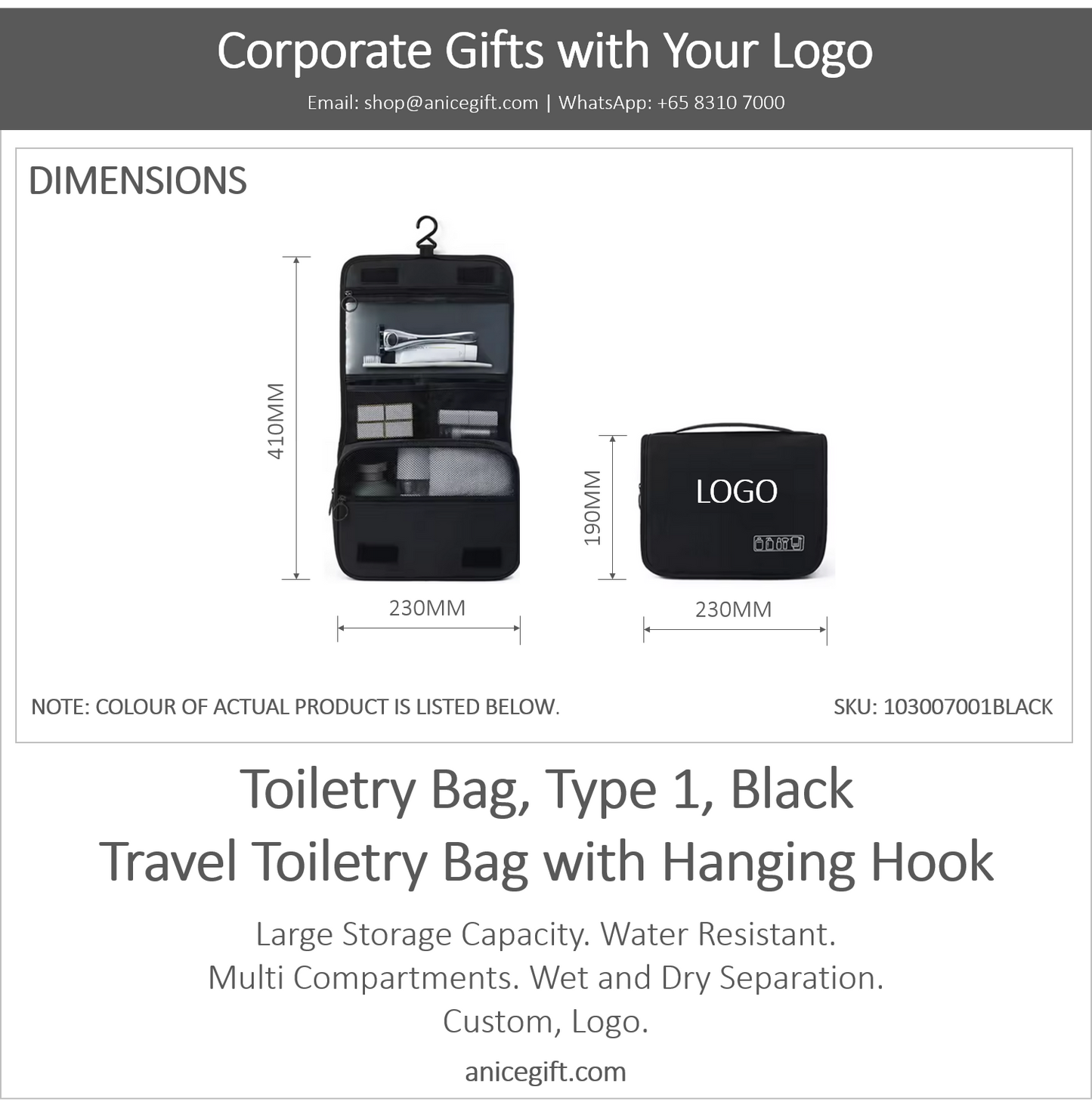 Toiletry Bag, Type 1, Black | Travel Toiletry Bag with Hanging Hook