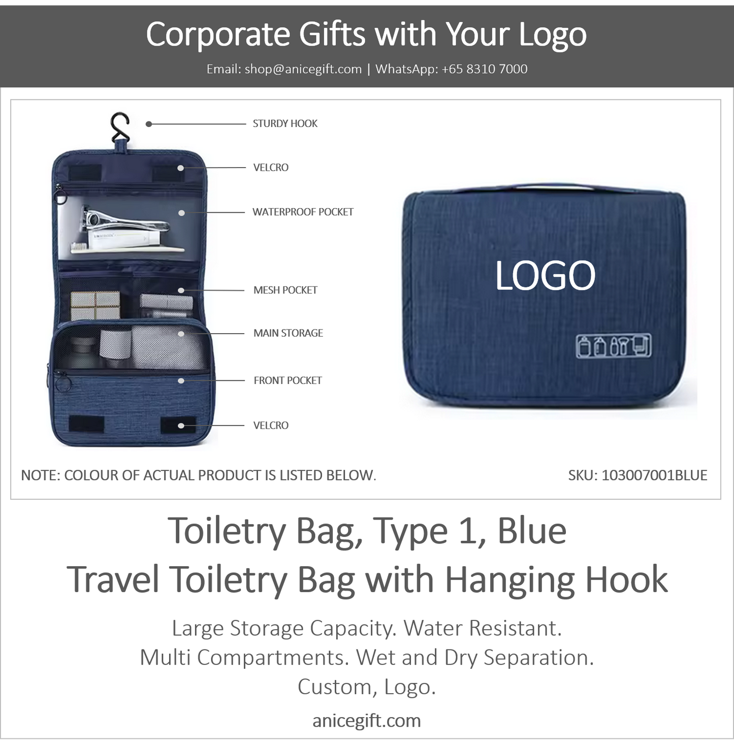 Toiletry Bag, Type 1, Blue | Travel Toiletry Bag with Hanging Hook