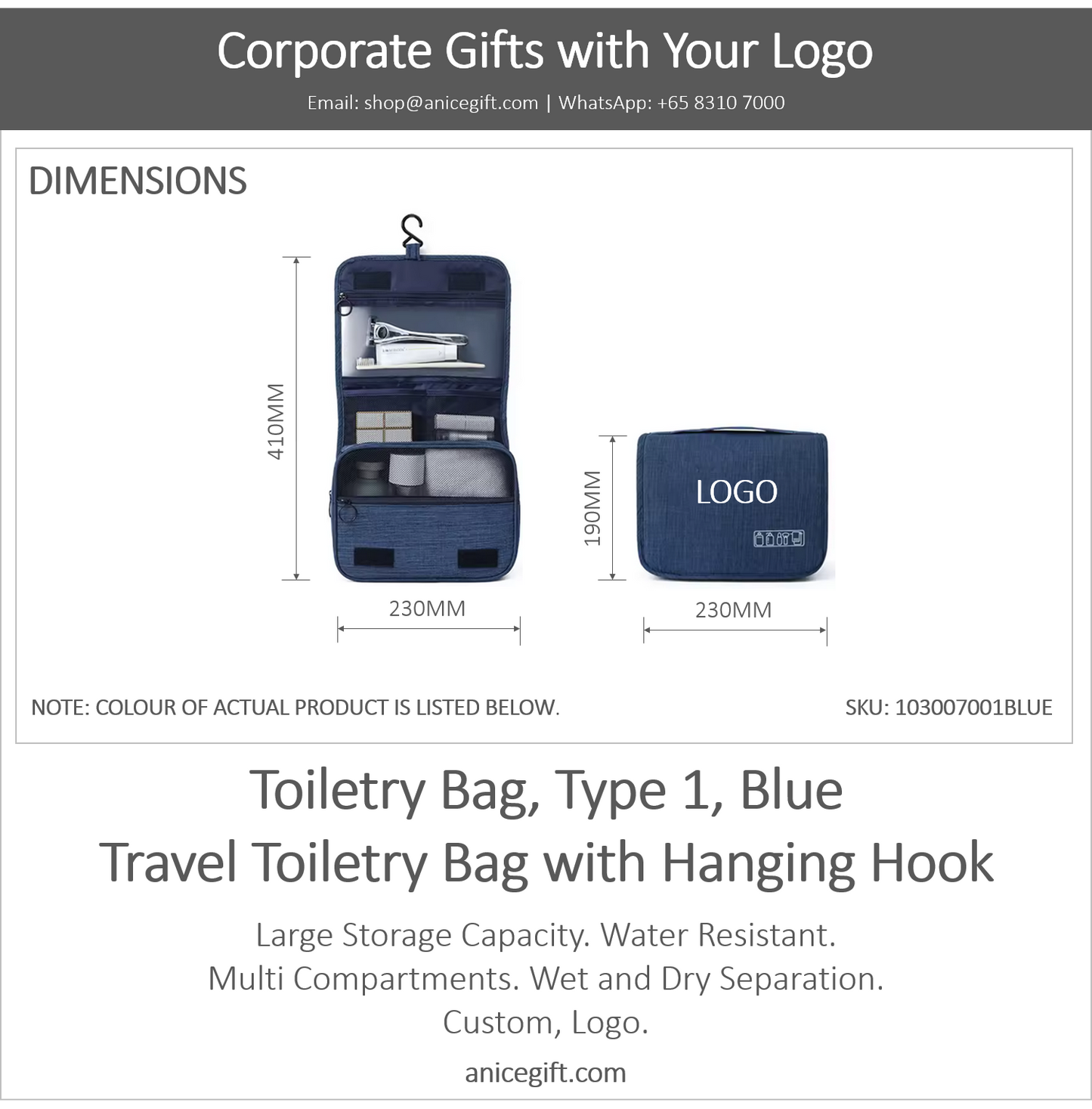 Toiletry Bag, Type 1, Blue | Travel Toiletry Bag with Hanging Hook