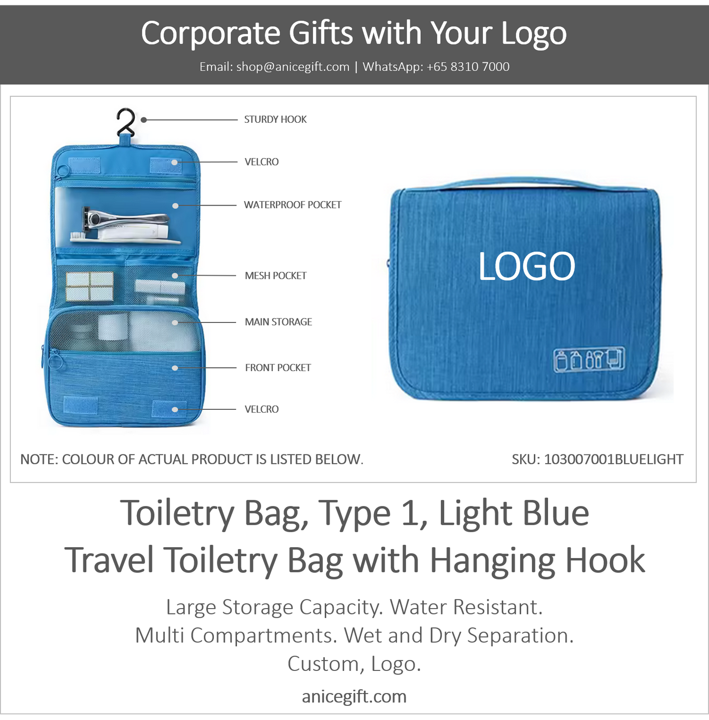 Toiletry Bag, Type 1, Light Blue | Travel Toiletry Bag with Hanging Hook