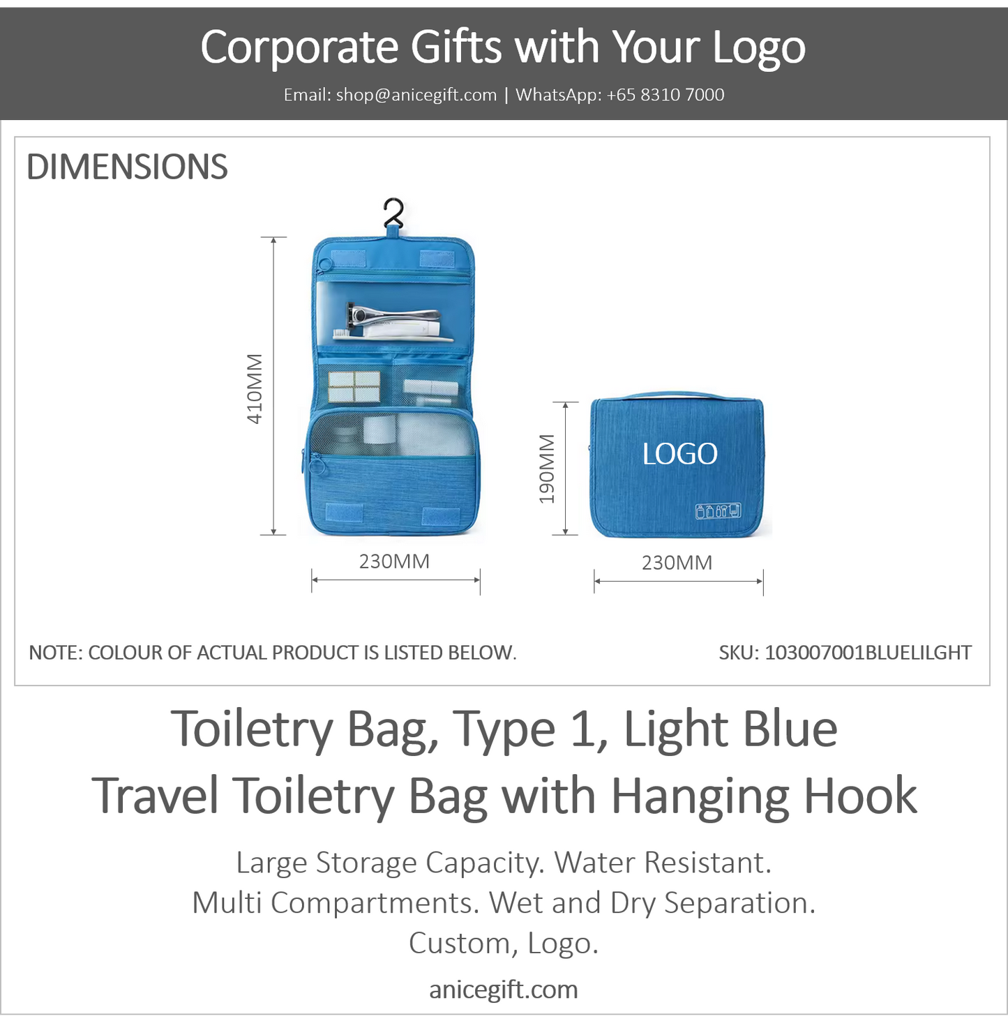 Toiletry Bag, Type 1, Light Blue | Travel Toiletry Bag with Hanging Hook