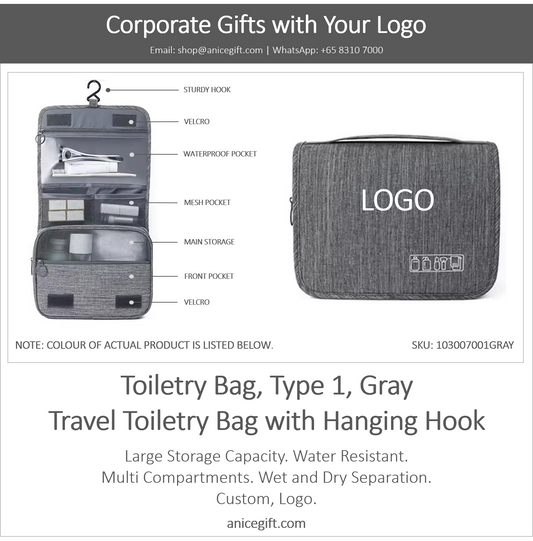 Toiletry Bag, Type 1, Gray | Travel Toiletry Bag with Hanging Hook