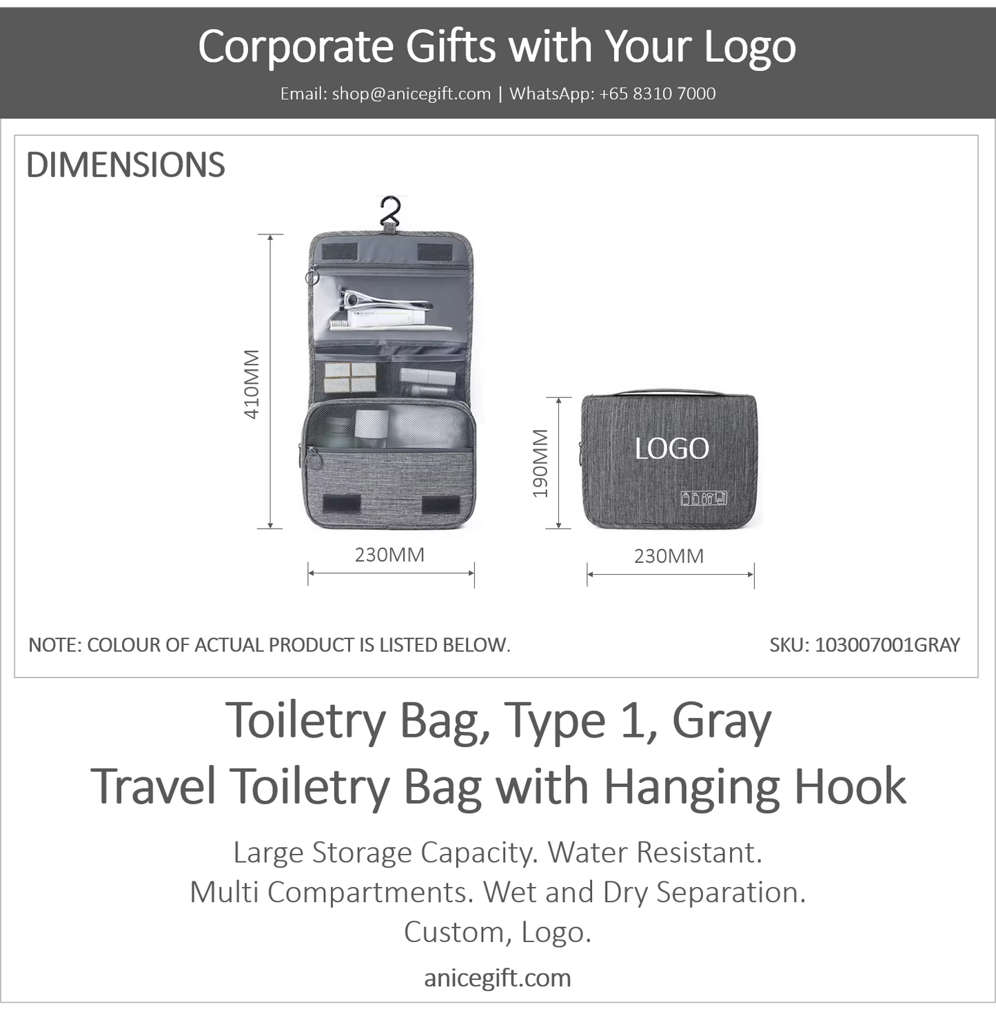 Toiletry Bag, Type 1, Gray | Travel Toiletry Bag with Hanging Hook
