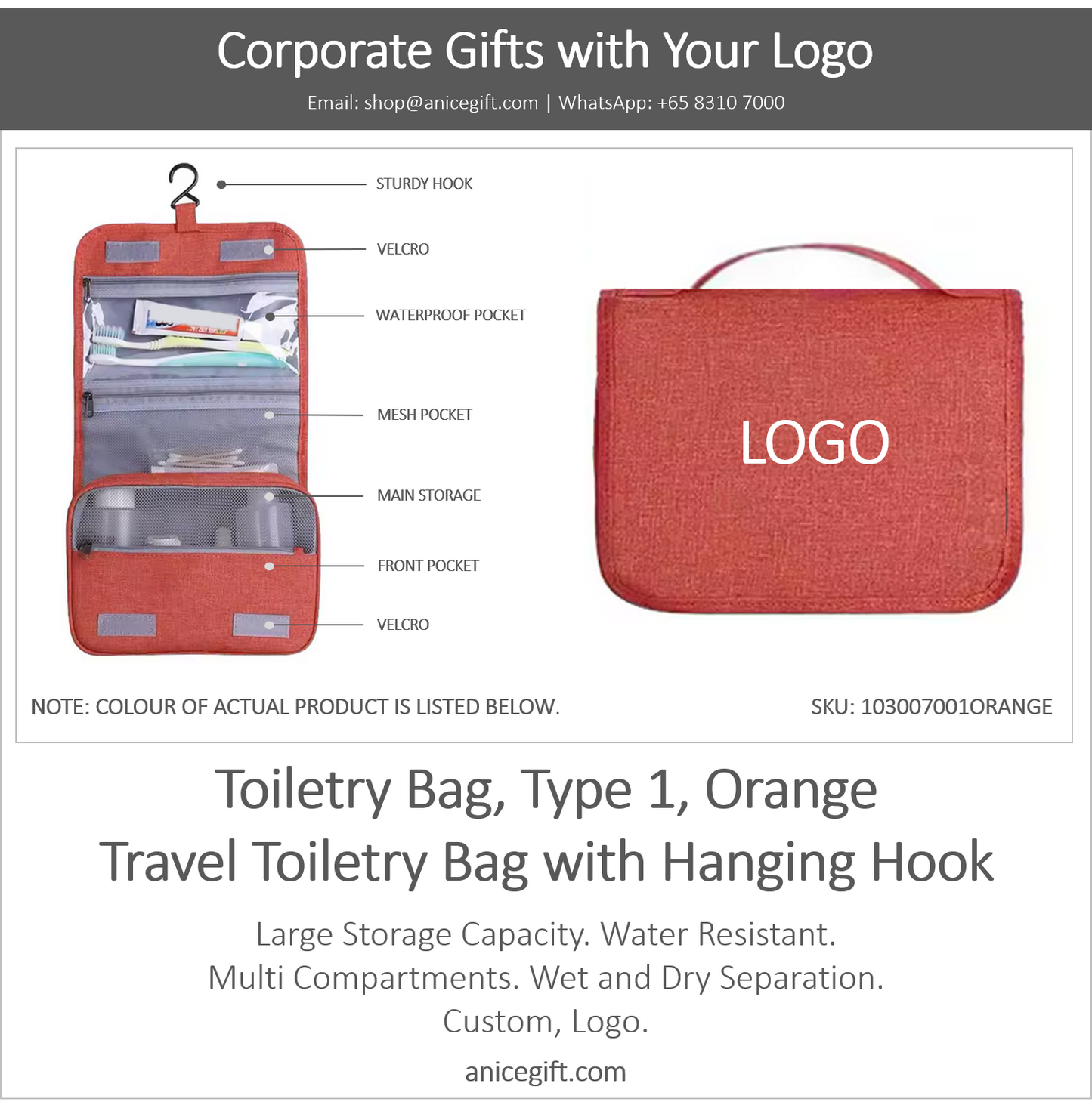 Toiletry Bag, Type 1, Orange | Travel Toiletry Bag with Hanging Hook
