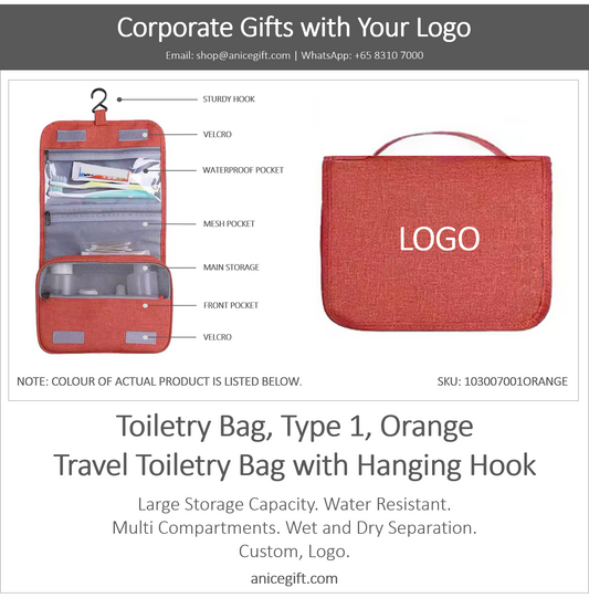 Toiletry Bag, Type 1, Orange | Travel Toiletry Bag with Hanging Hook