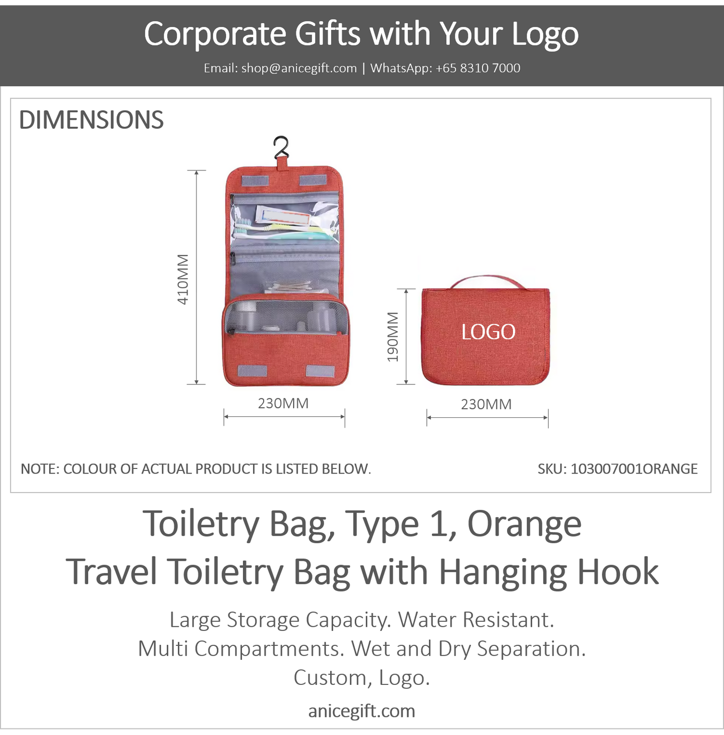 Toiletry Bag, Type 1, Orange | Travel Toiletry Bag with Hanging Hook