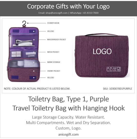 Toiletry Bag, Type 1, Purple | Travel Toiletry Bag with Hanging Hook