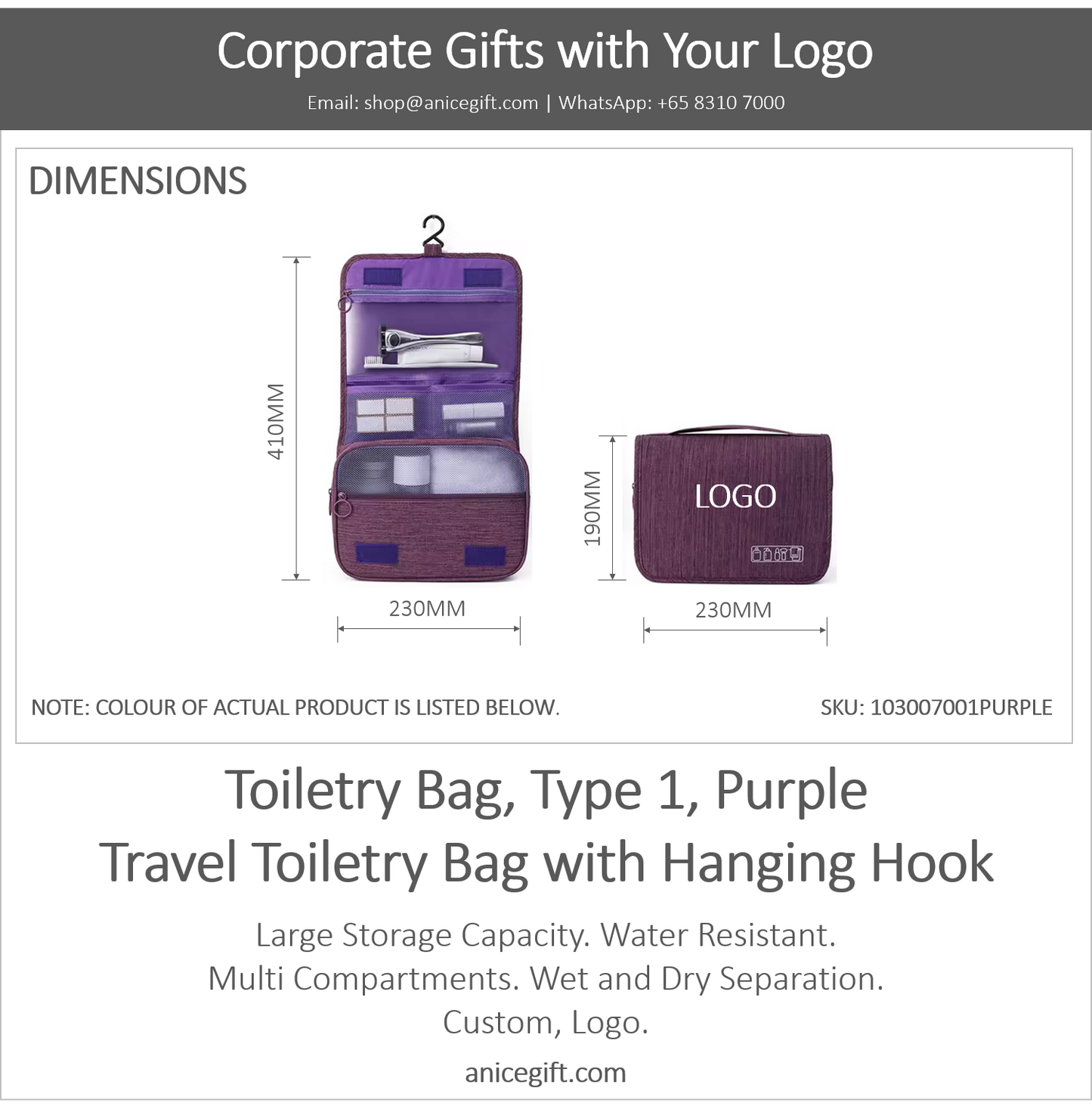 Toiletry Bag, Type 1, Purple | Travel Toiletry Bag with Hanging Hook