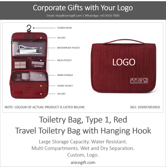 Toiletry Bag, Type 1, Red | Travel Toiletry Bag with Hanging Hook