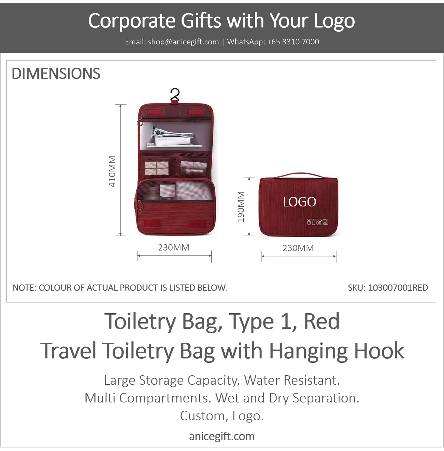 Toiletry Bag, Type 1, Red | Travel Toiletry Bag with Hanging Hook