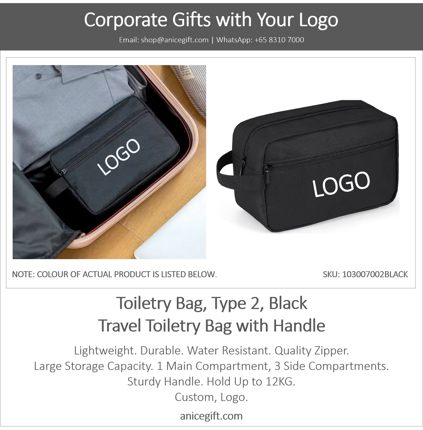 Toiletry Bag, Type 2, Black | Travel Toiletry Bag with Handle