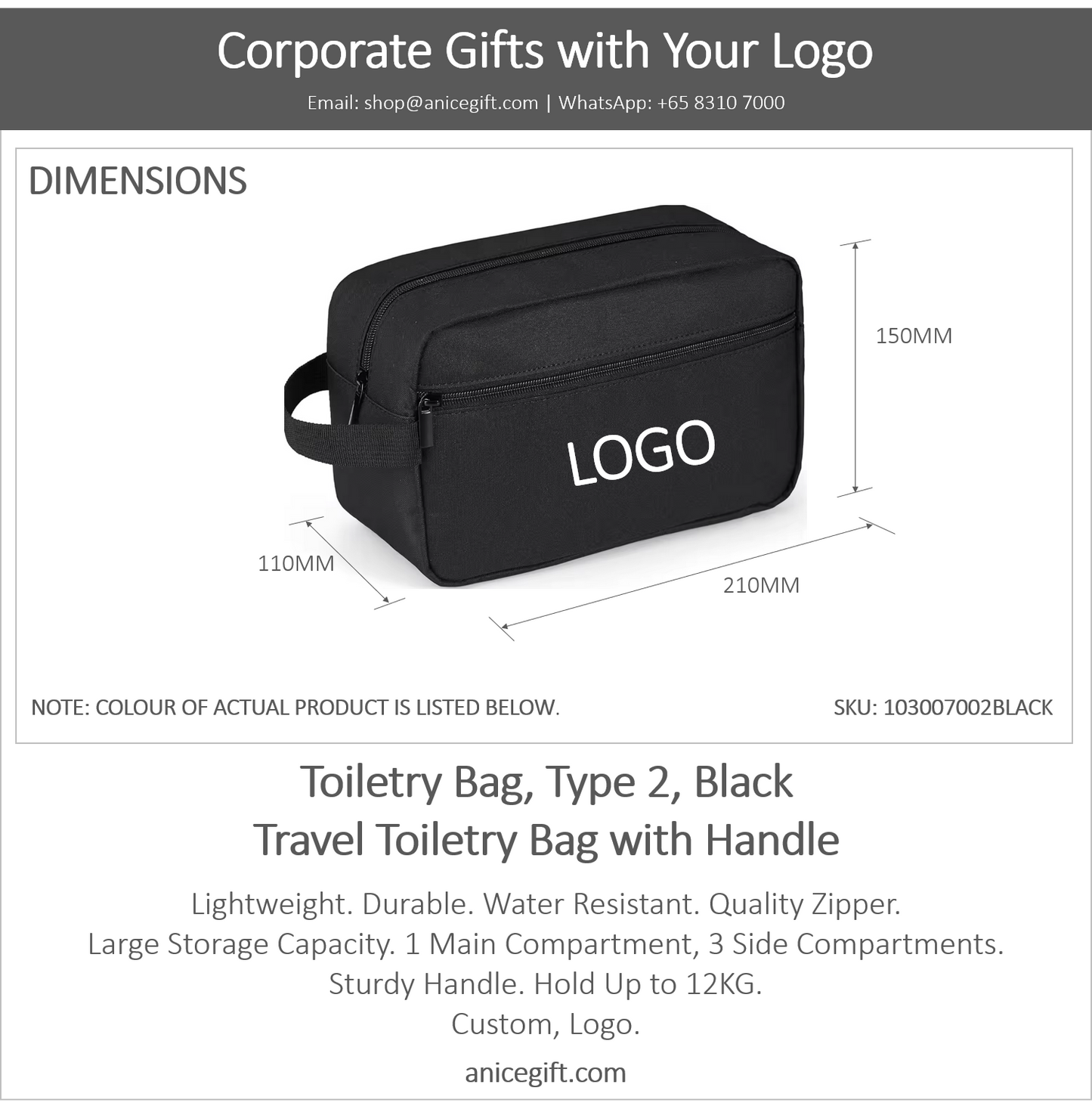 Toiletry Bag, Type 2, Black | Travel Toiletry Bag with Handle