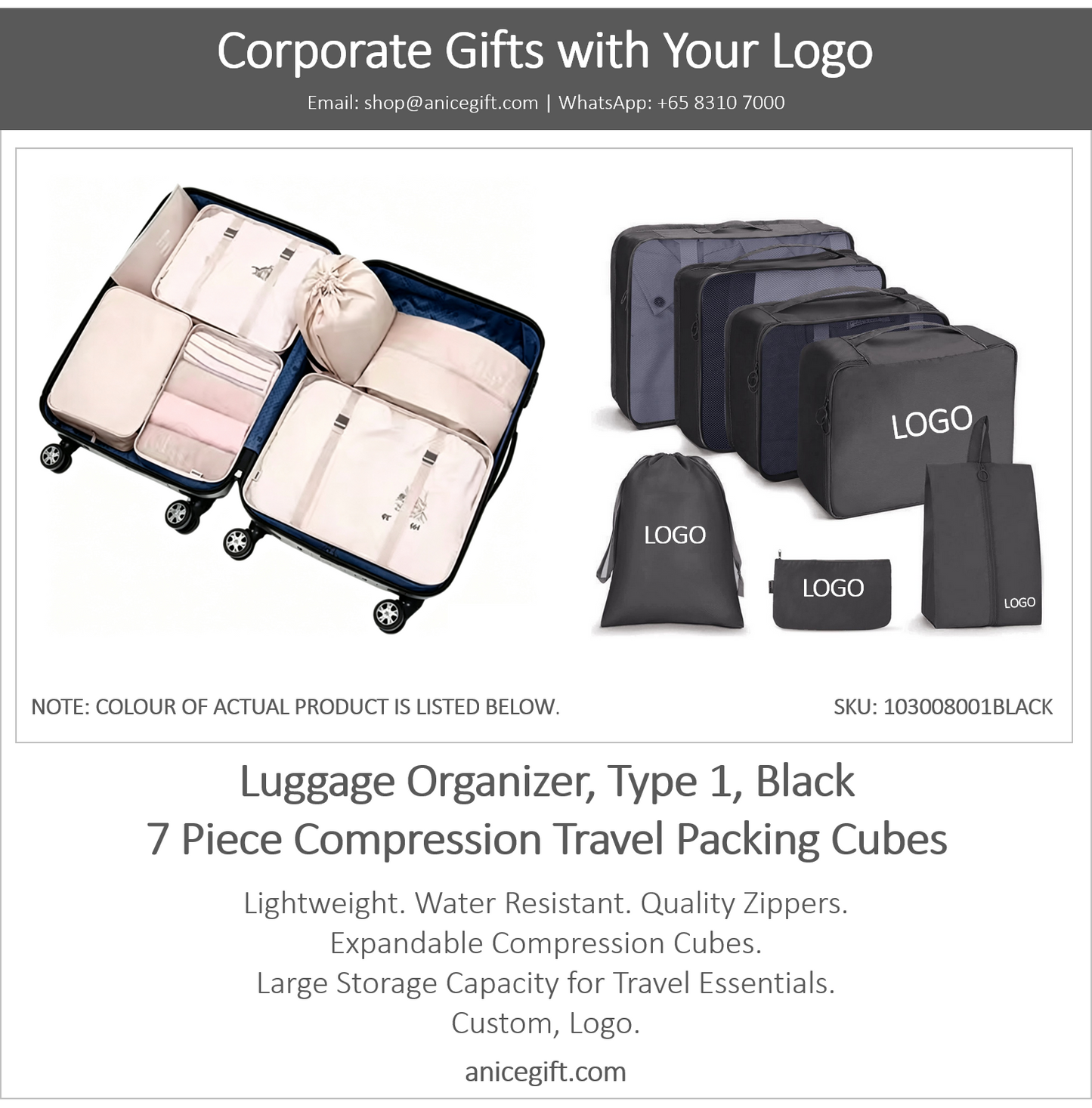 Luggage Organizer, Type 1, Black | 7 Piece Compression Travel Packing Cubes