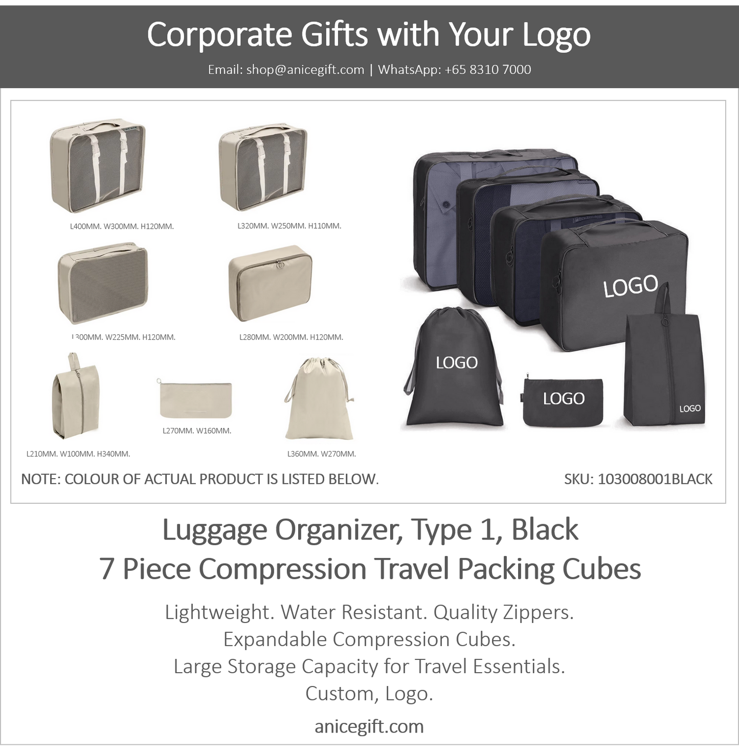 Luggage Organizer, Type 1, Black | 7 Piece Compression Travel Packing Cubes