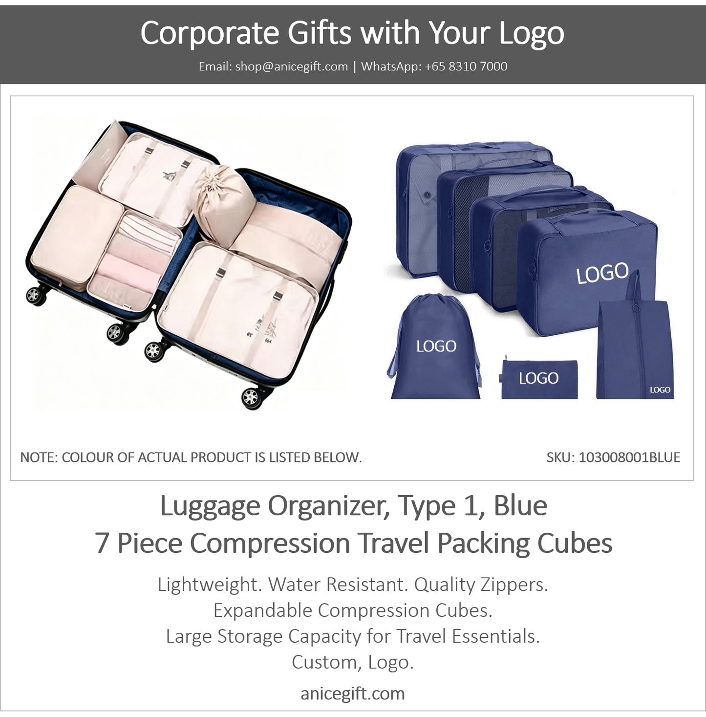 Luggage Organizer, Type 1, Blue | 7 Piece Compression Travel Packing Cubes