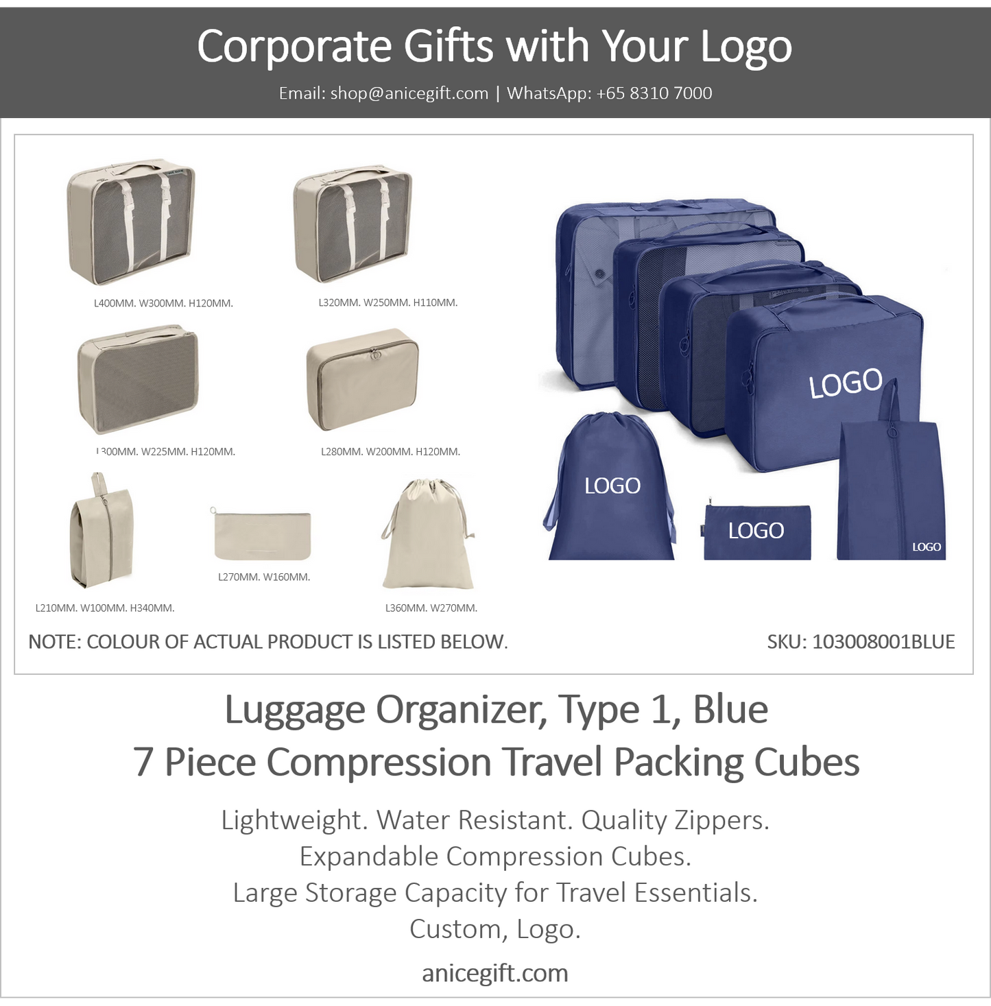 Luggage Organizer, Type 1, Blue | 7 Piece Compression Travel Packing Cubes