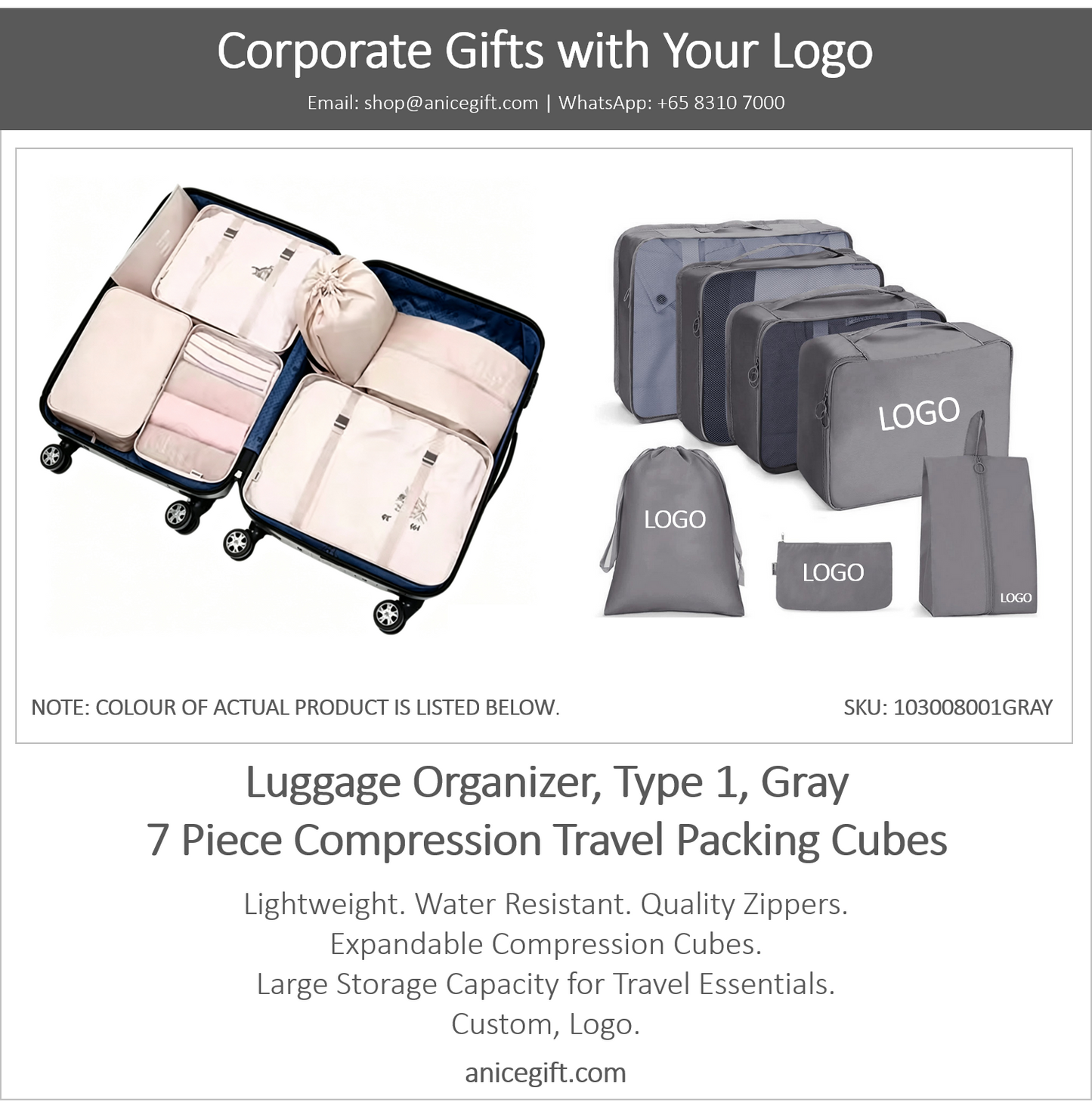 Luggage Organizer, Type 1, Gray | 7 Piece Compression Travel Packing Cubes