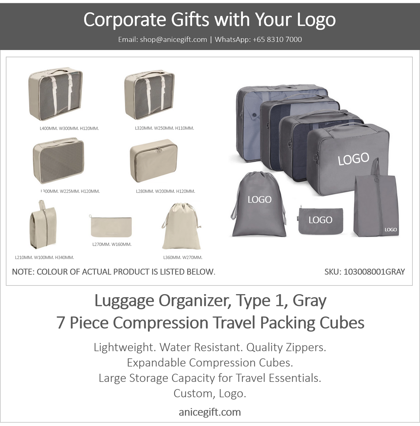 Luggage Organizer, Type 1, Gray | 7 Piece Compression Travel Packing Cubes