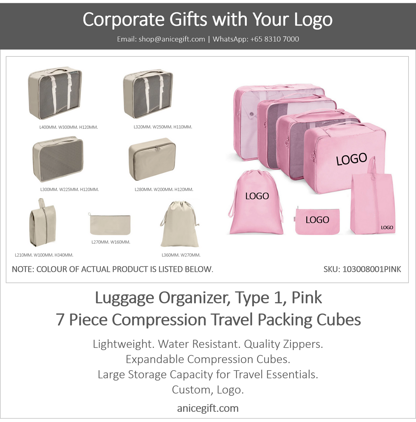 Luggage Organizer, Type 1, Pink | 7 Piece Compression Travel Packing Cubes