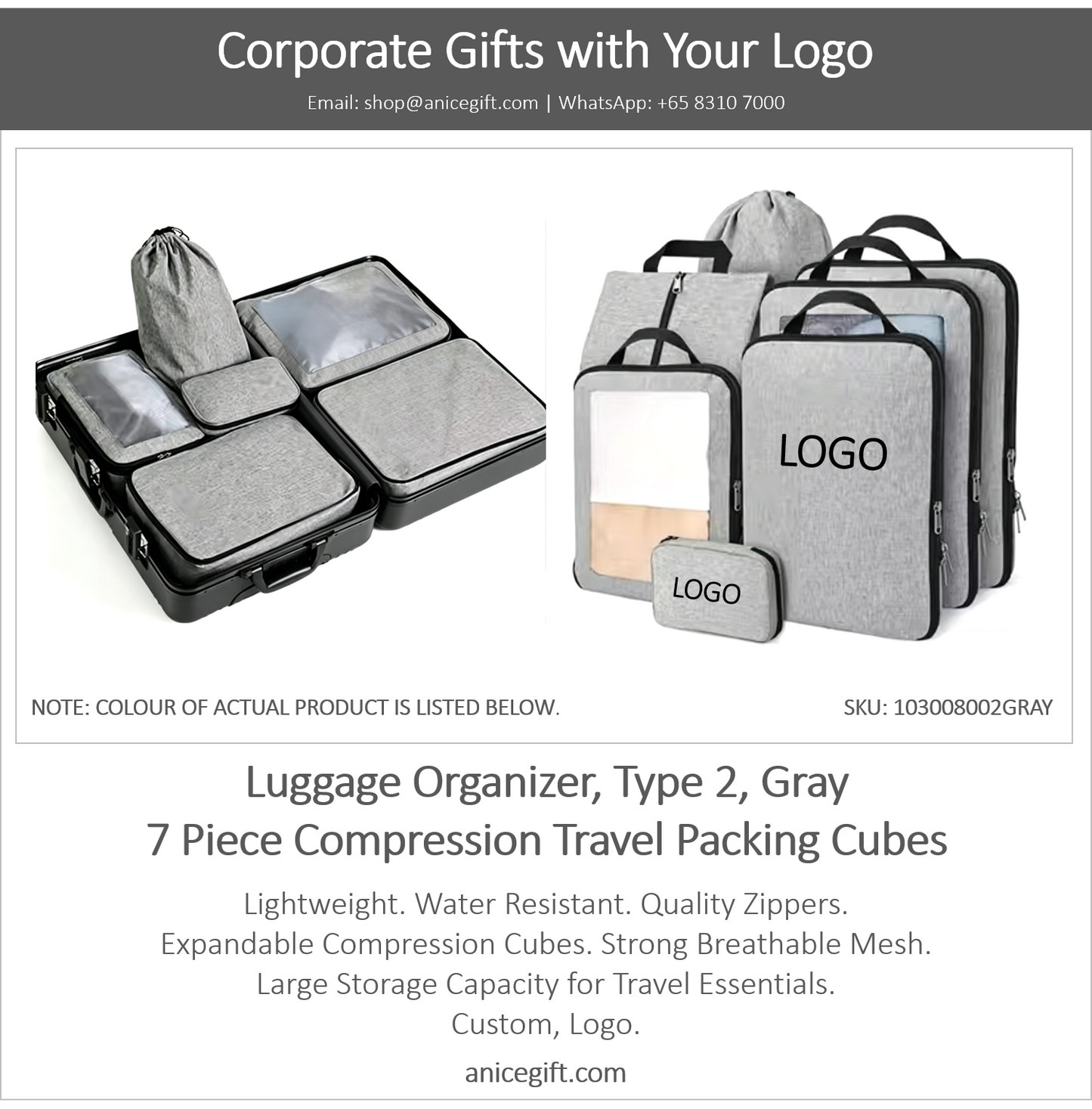 Luggage Organizer, Type 2, Gray | 7 Piece Compression Travel Packing Cubes