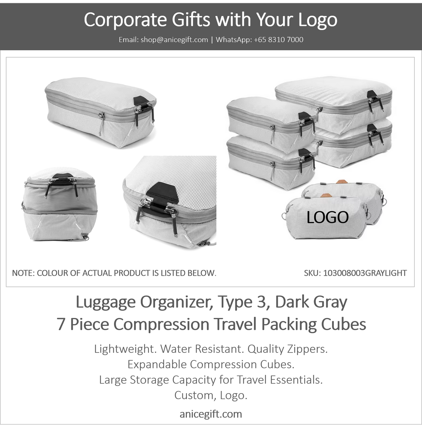 Luggage Organizer, Type 3, Light Gray | 6 Piece Compression Travel Packing Cubes