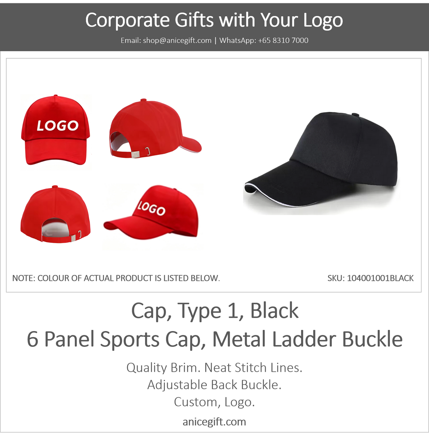 Cap, Type 1, Black | 6 Panel Sports Cap, Metal Ladder Buckle