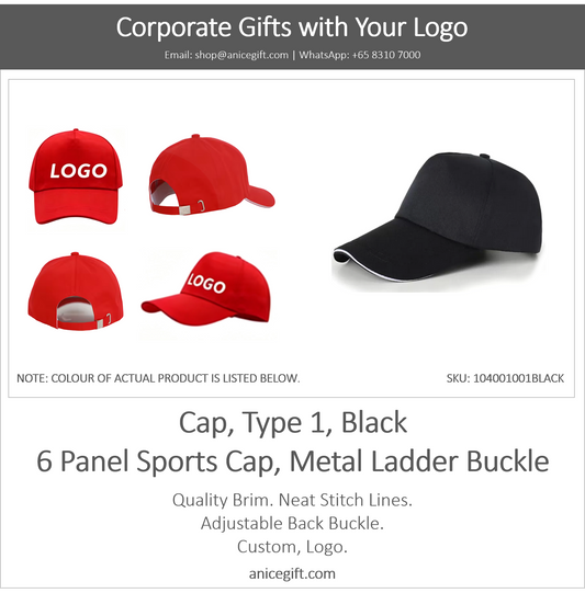 Cap, Type 1, Black | 6 Panel Sports Cap, Metal Ladder Buckle