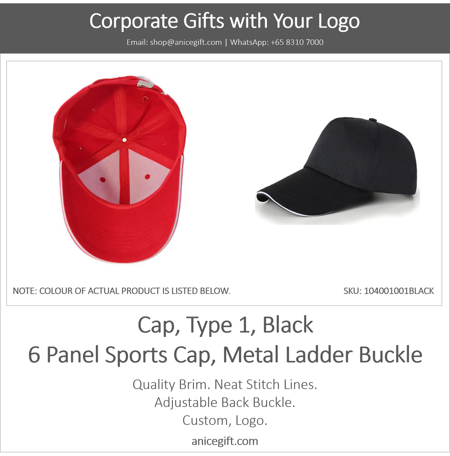 Cap, Type 1, Black | 6 Panel Sports Cap, Metal Ladder Buckle