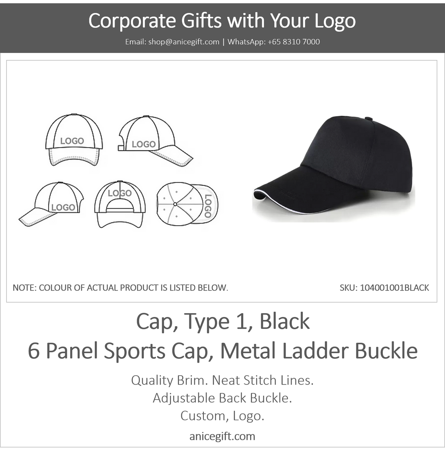 Cap, Type 1, Black | 6 Panel Sports Cap, Metal Ladder Buckle