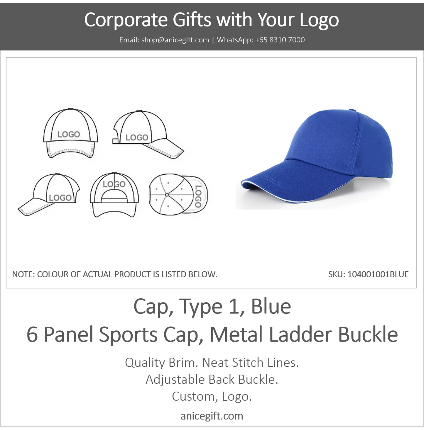 Cap, Type 1, Blue | 6 Panel Sports Cap, Metal Ladder Buckle