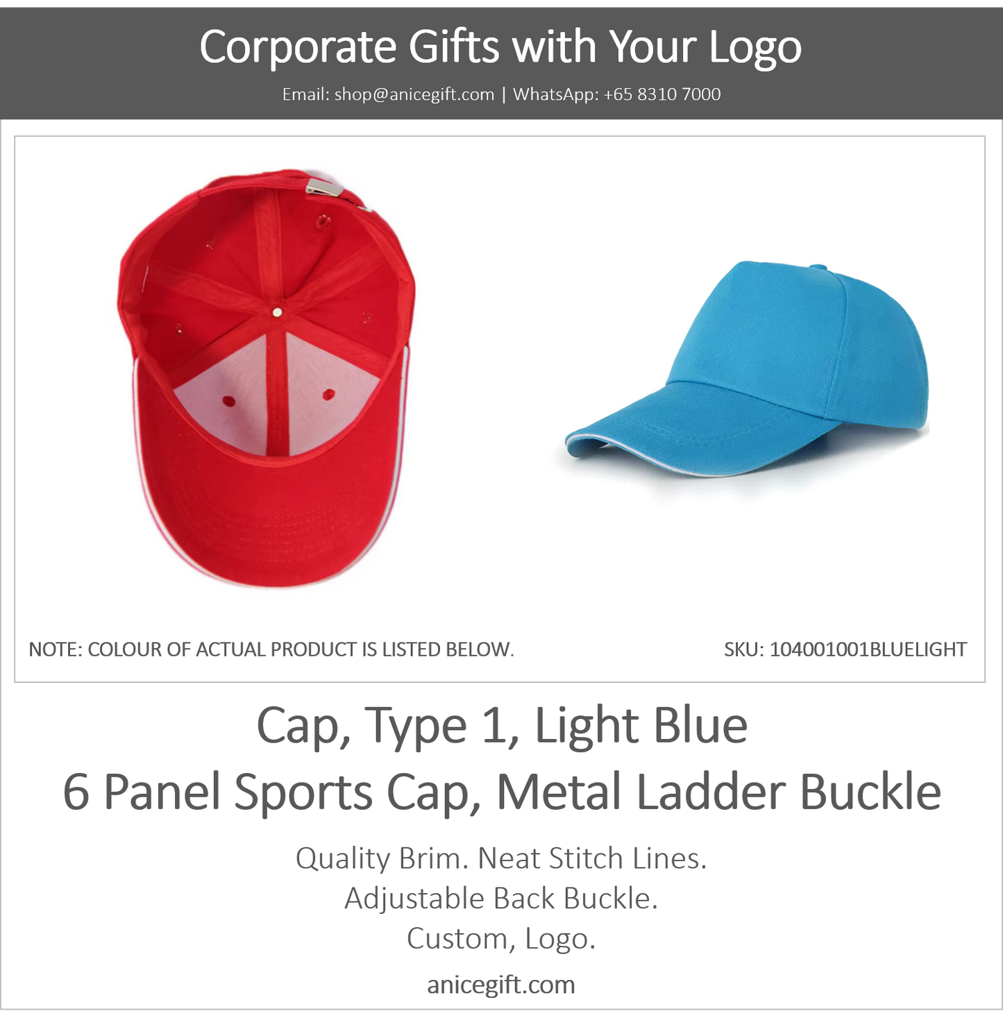 Cap, Type 1, Light Blue | 6 Panel Sports Cap, Metal Ladder Buckle