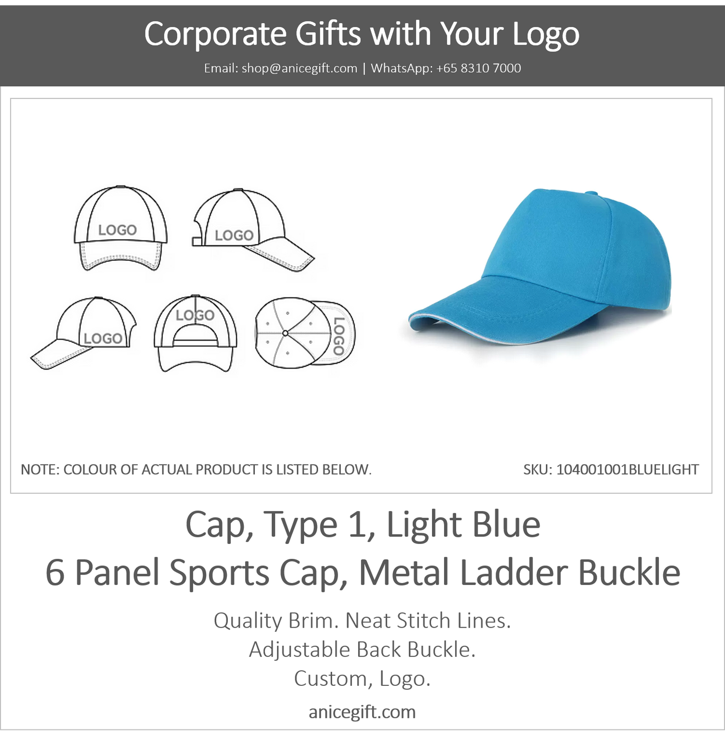 Cap, Type 1, Light Blue | 6 Panel Sports Cap, Metal Ladder Buckle
