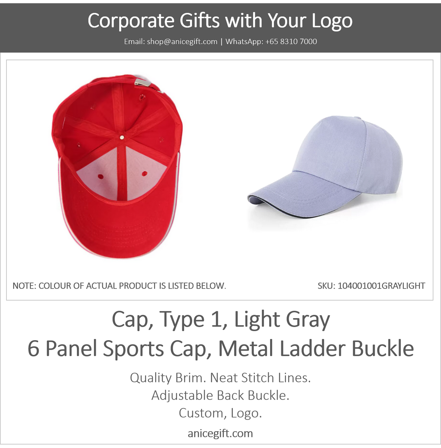 Cap, Type 1, Light Gray | 6 Panel Sports Cap, Metal Ladder Buckle