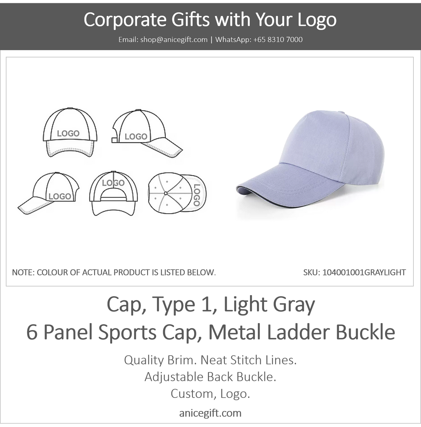 Cap, Type 1, Light Gray | 6 Panel Sports Cap, Metal Ladder Buckle