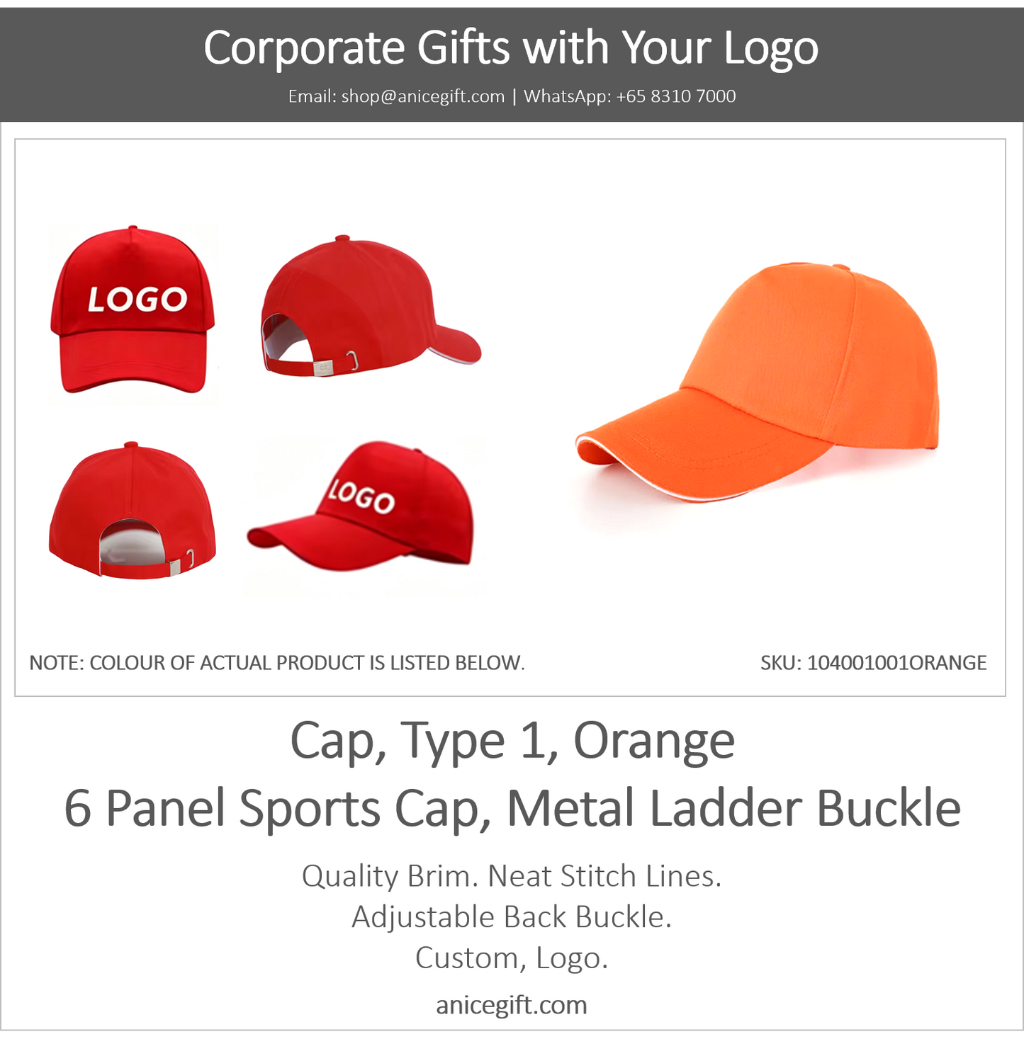 Cap, Type 1, Orange | 6 Panel Sports Cap, Metal Ladder Buckle
