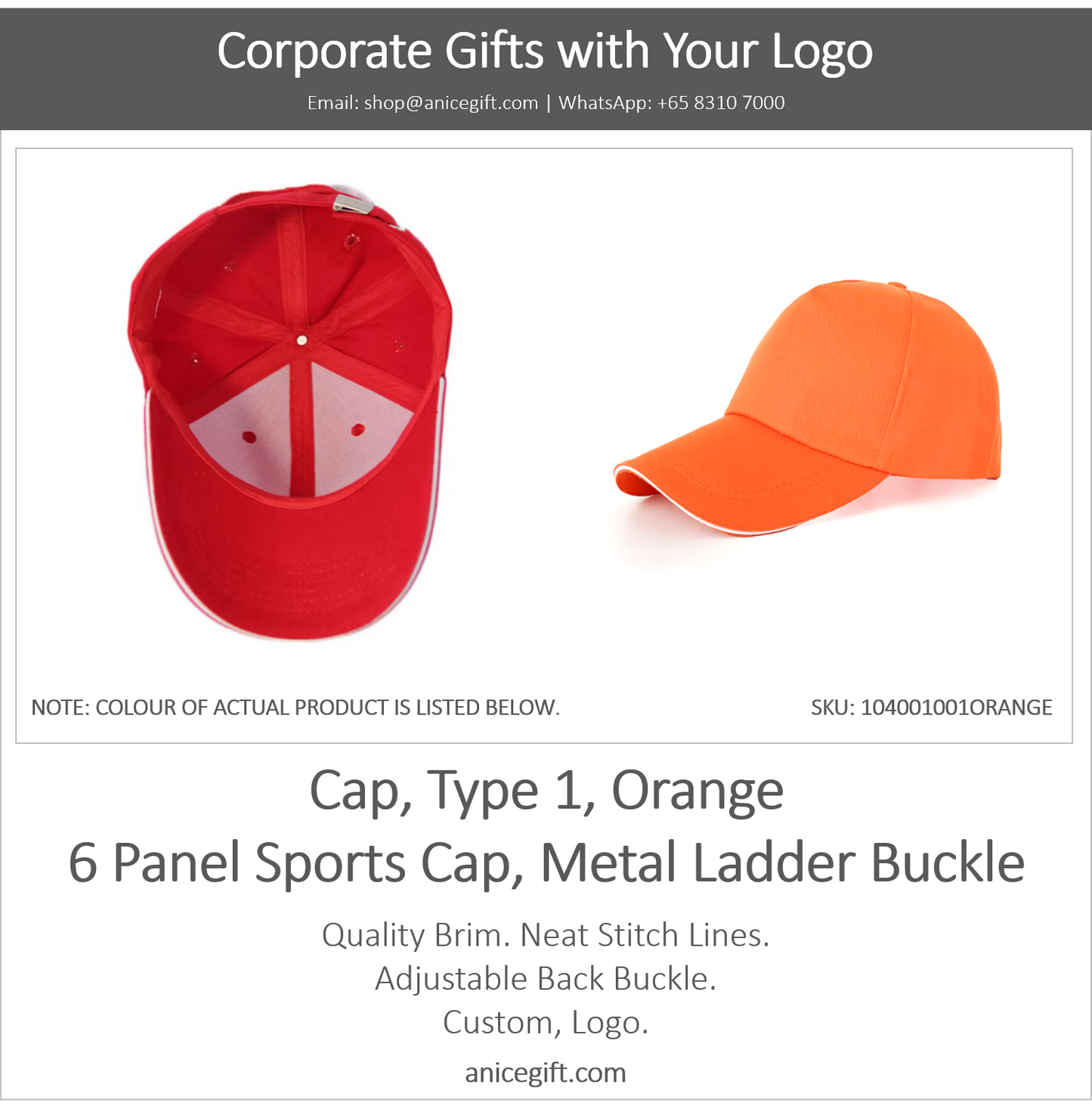 Cap, Type 1, Orange | 6 Panel Sports Cap, Metal Ladder Buckle