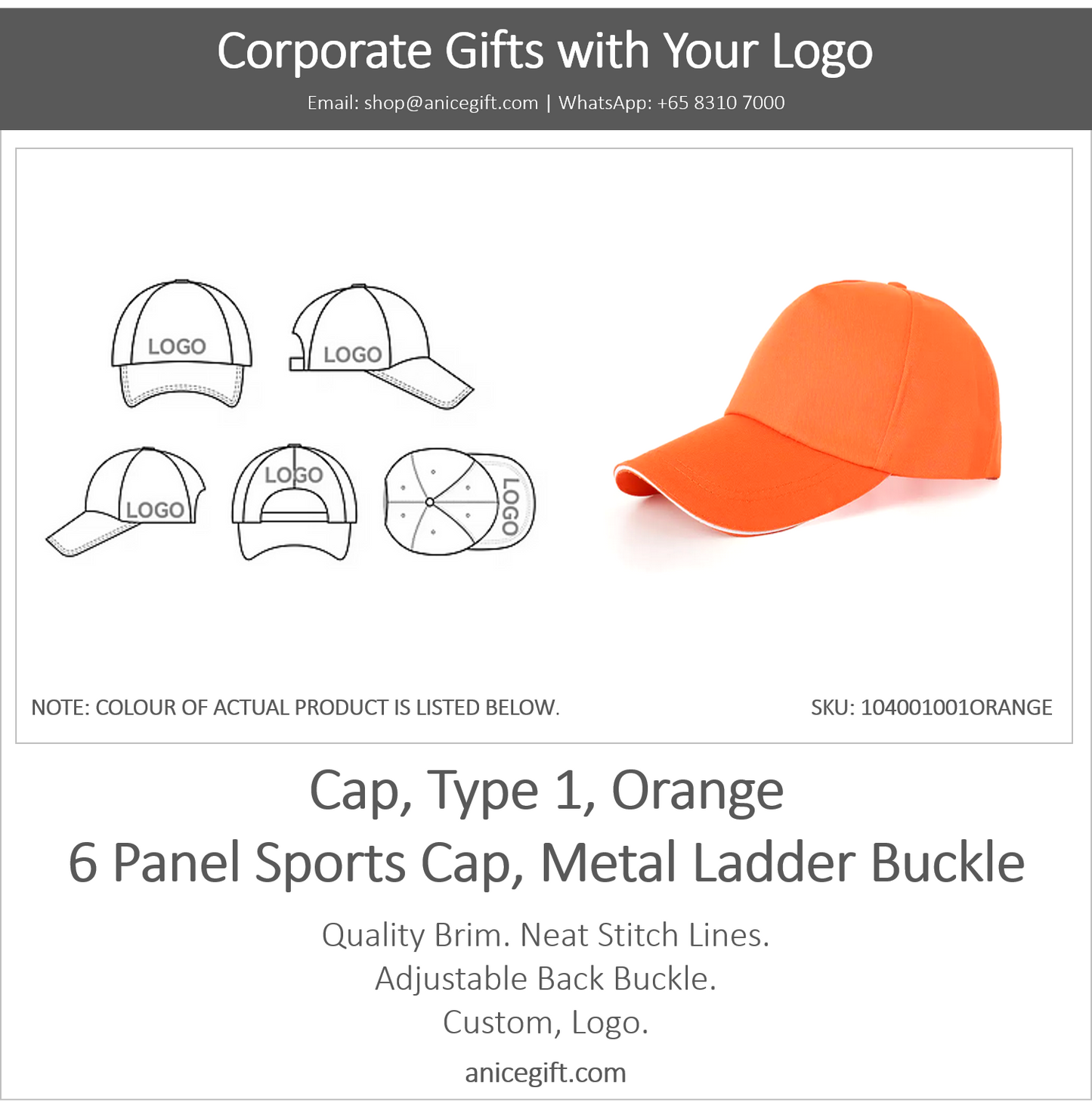 Cap, Type 1, Orange | 6 Panel Sports Cap, Metal Ladder Buckle