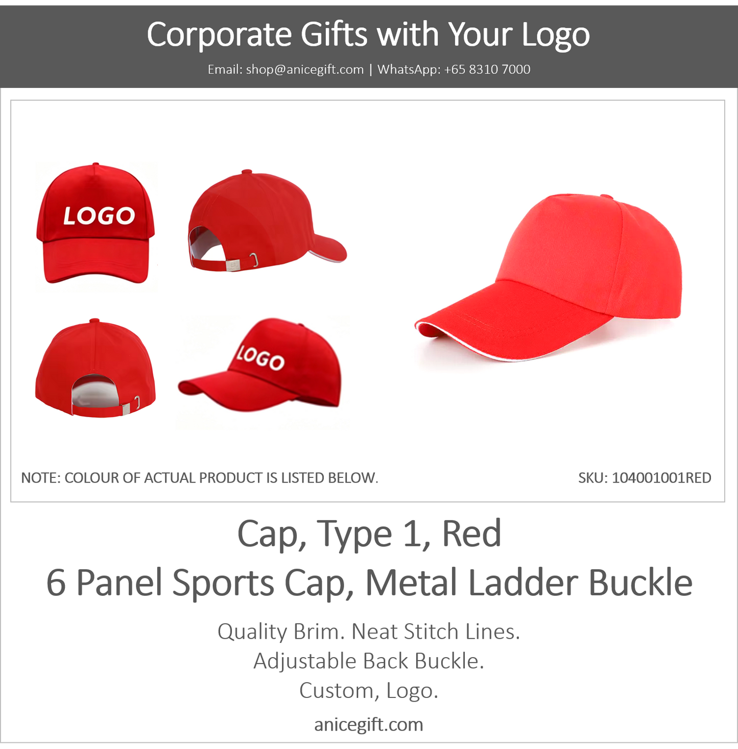 Cap, Type 1, Red | 6 Panel Sports Cap, Metal Ladder Buckle