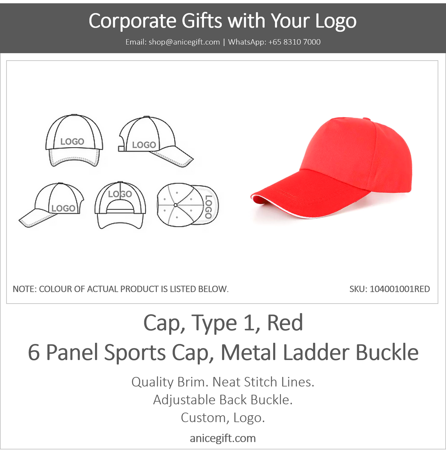 Cap, Type 1, Red | 6 Panel Sports Cap, Metal Ladder Buckle