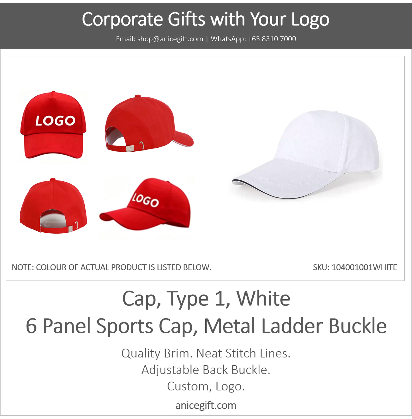Cap, Type 1, White | 6 Panel Sports Cap, Metal Ladder Buckle