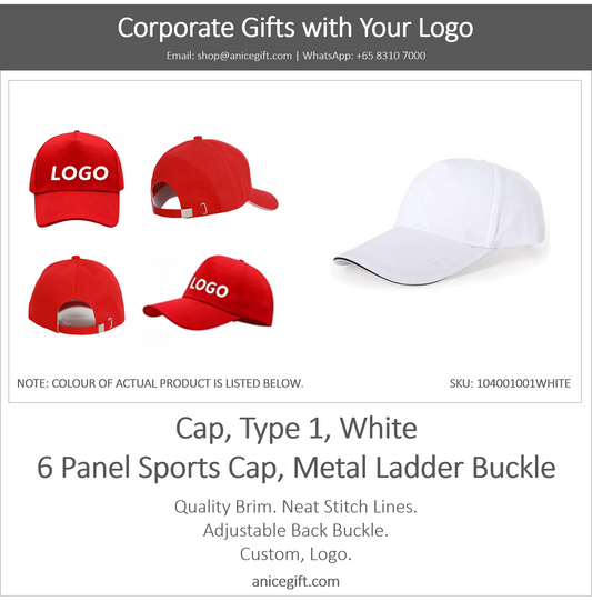 Cap, Type 1, White | 6 Panel Sports Cap, Metal Ladder Buckle